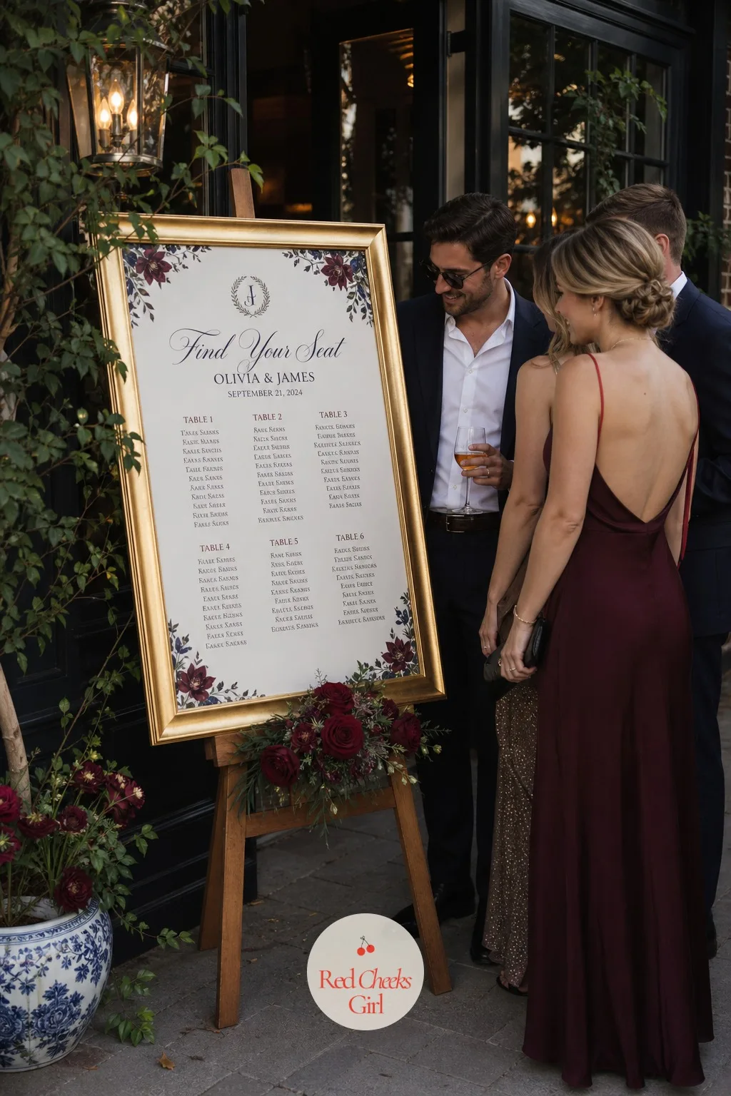 The Seating Chart — Guests hunting for their table at the entrance is the first small friction point of the night. Navy blue and burgundy wedding