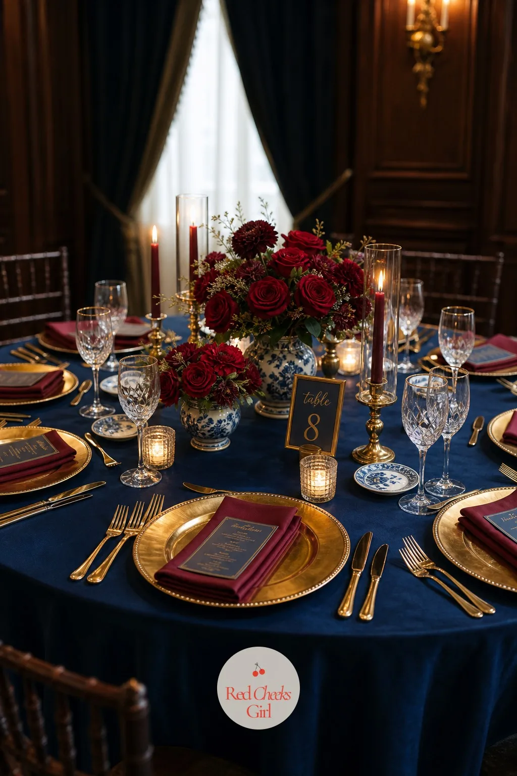 The Table Linens — This is the biggest surface in the room, and it sets the whole mood before a single plate goes down. Navy blue and burgundy wedding