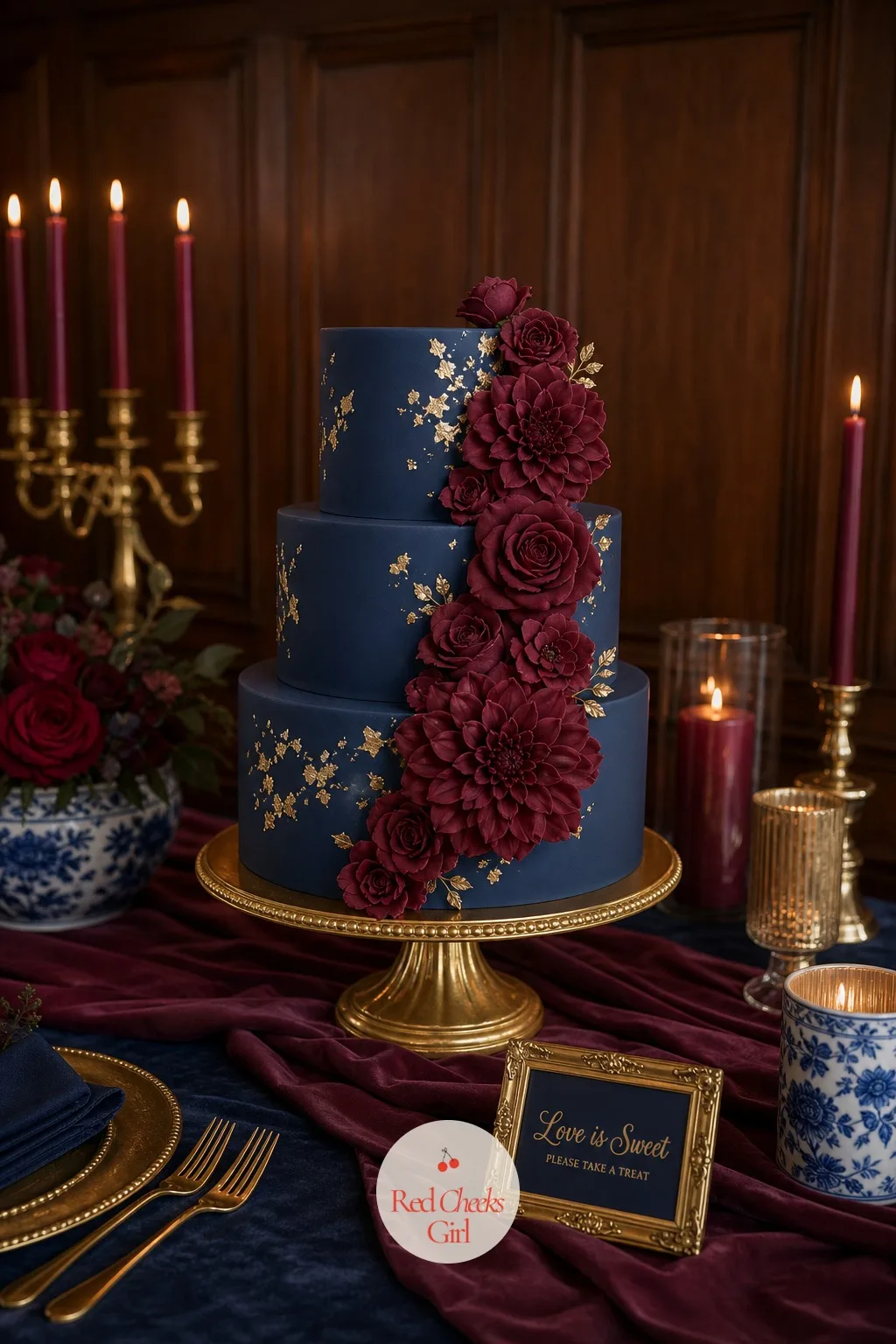 The Wedding Cake — A navy cake sounds like a bold ask until it arrives at the reception looking like the most expensive thing in the room. Navy blue and