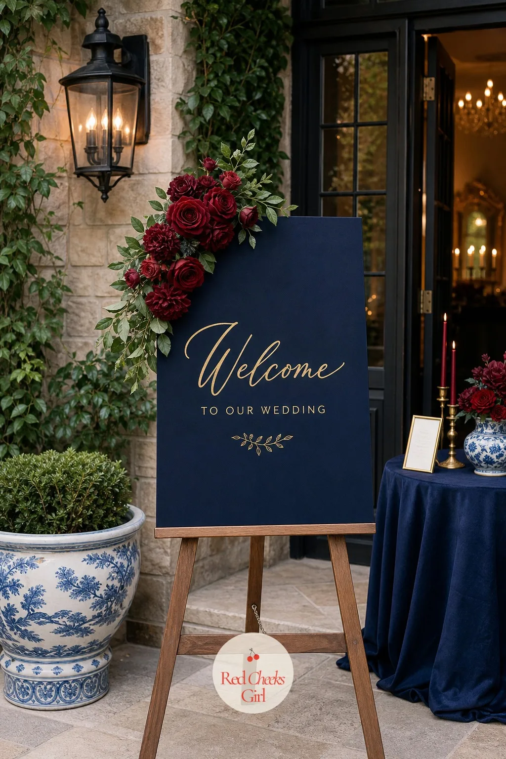 The Welcome Sign — This is the first thing anyone sees walking in, so it earns the extra five minutes. Navy blue and burgundy wedding