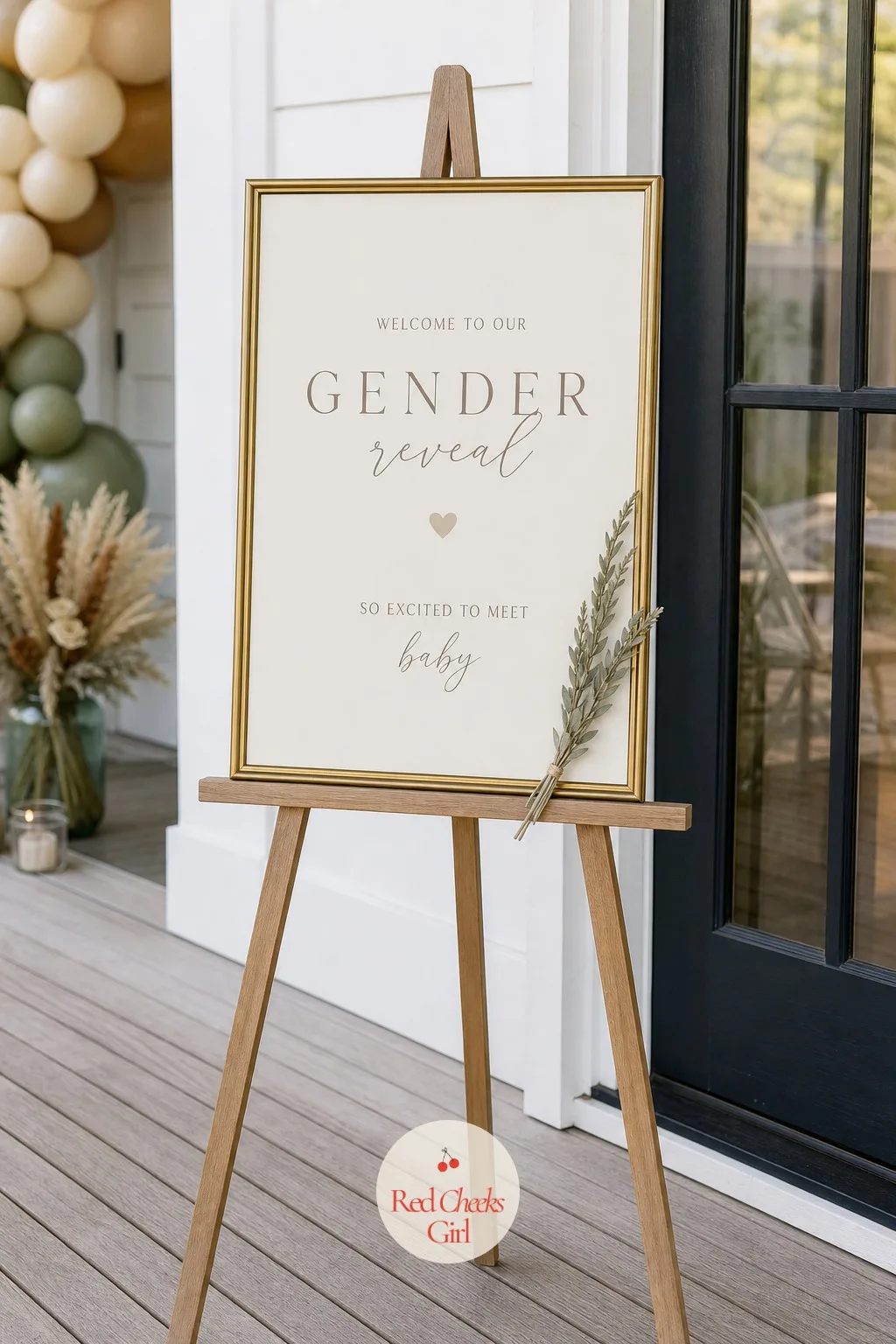 Brass Framed Welcome Easel — Not every entry needs a full wall treatment. Neutral gender reveal ideas