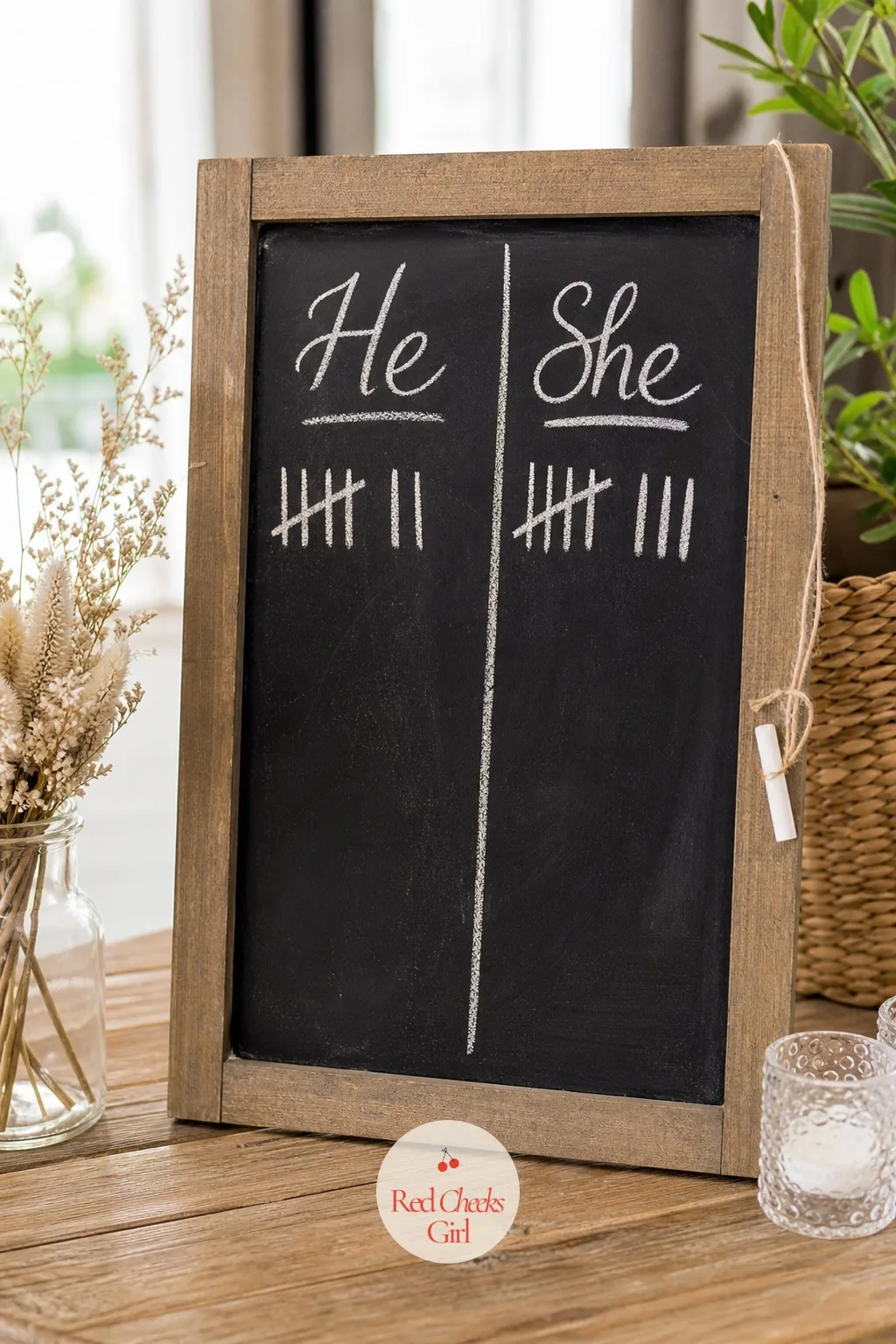 Chalkboard Tally Guess Board — A standing chalkboard splits down the middle, 'He' on one side and 'She' on the other, with a stick of chalk tied on with string
