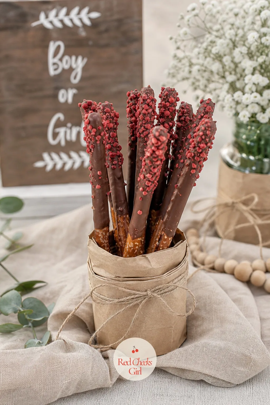 Chocolate Dipped Pretzel Rods in Kraft Wrap — A jar of pretzel rods looks like nothing until they are dipped halfway in chocolate and rolled in something