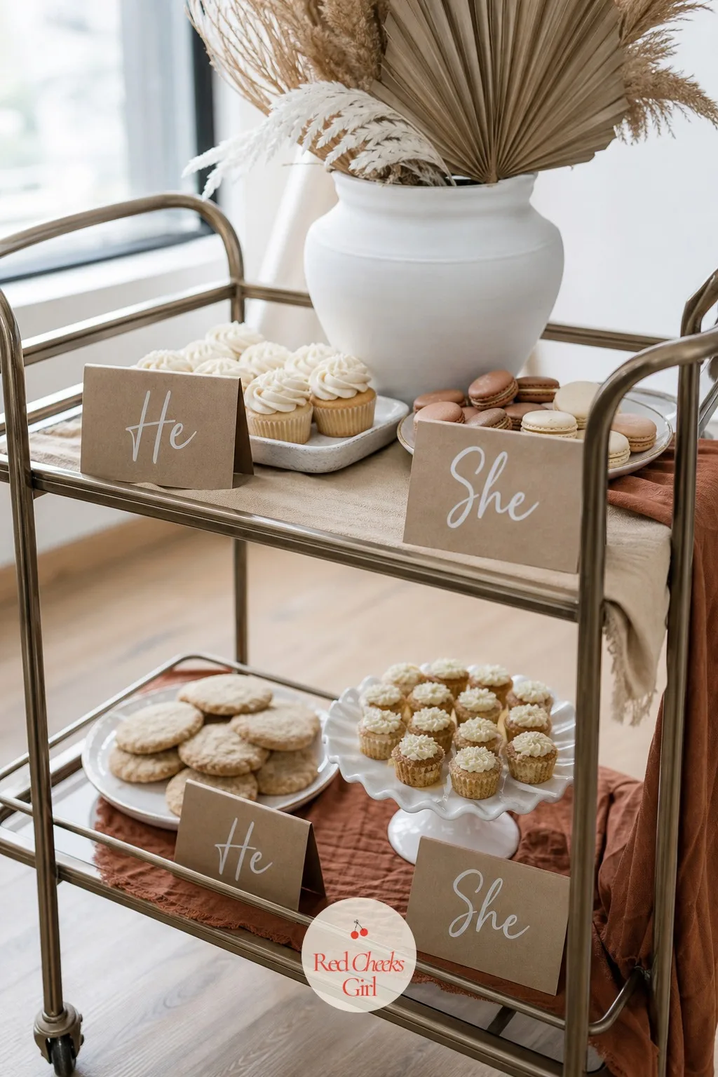Dessert Cart with He or She Labels — Rolling the desserts in on a small cart gives the table a sense of occasion a flat spread never quite manages, and it