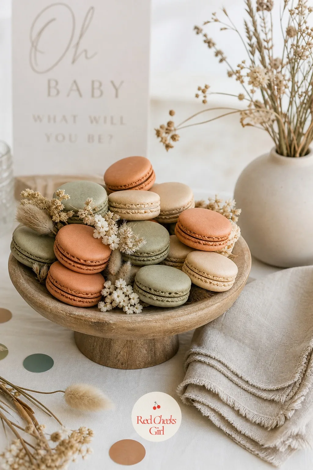 Earth-Tone Macarons — Macarons in the usual pastel shades scream baby shower before you have said a word. Neutral gender reveal ideas