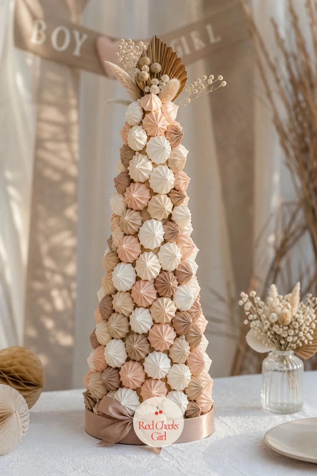 Earth-Tone Meringue Kiss Tower — A mini version of a croquembouche, built from meringue kisses instead of profiteroles, so it travels and holds up far better