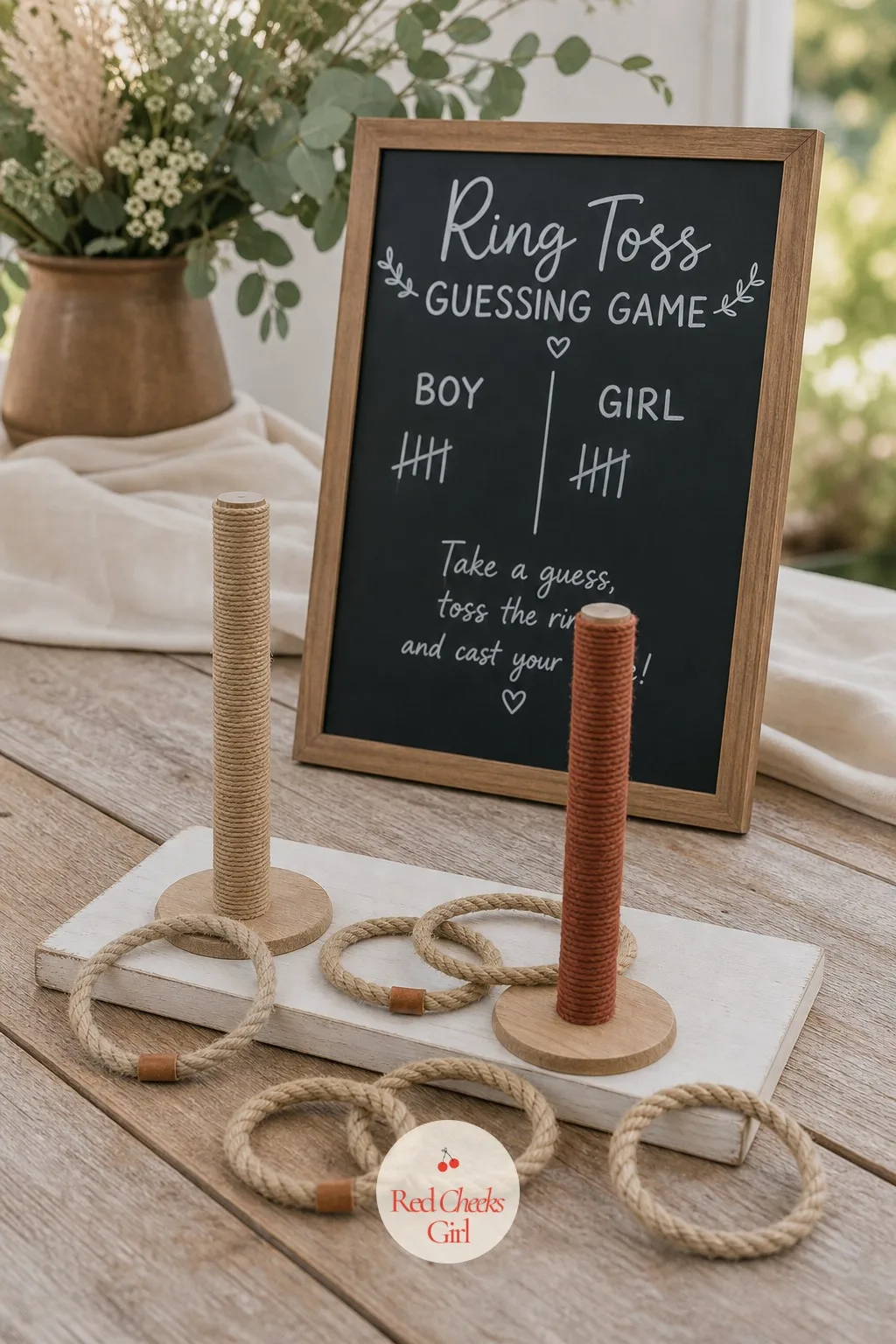 Earth-Tone Ring Toss Guessing Game — For a game that actually gets people out of their chairs, a small tabletop ring toss turns the guess into a round with