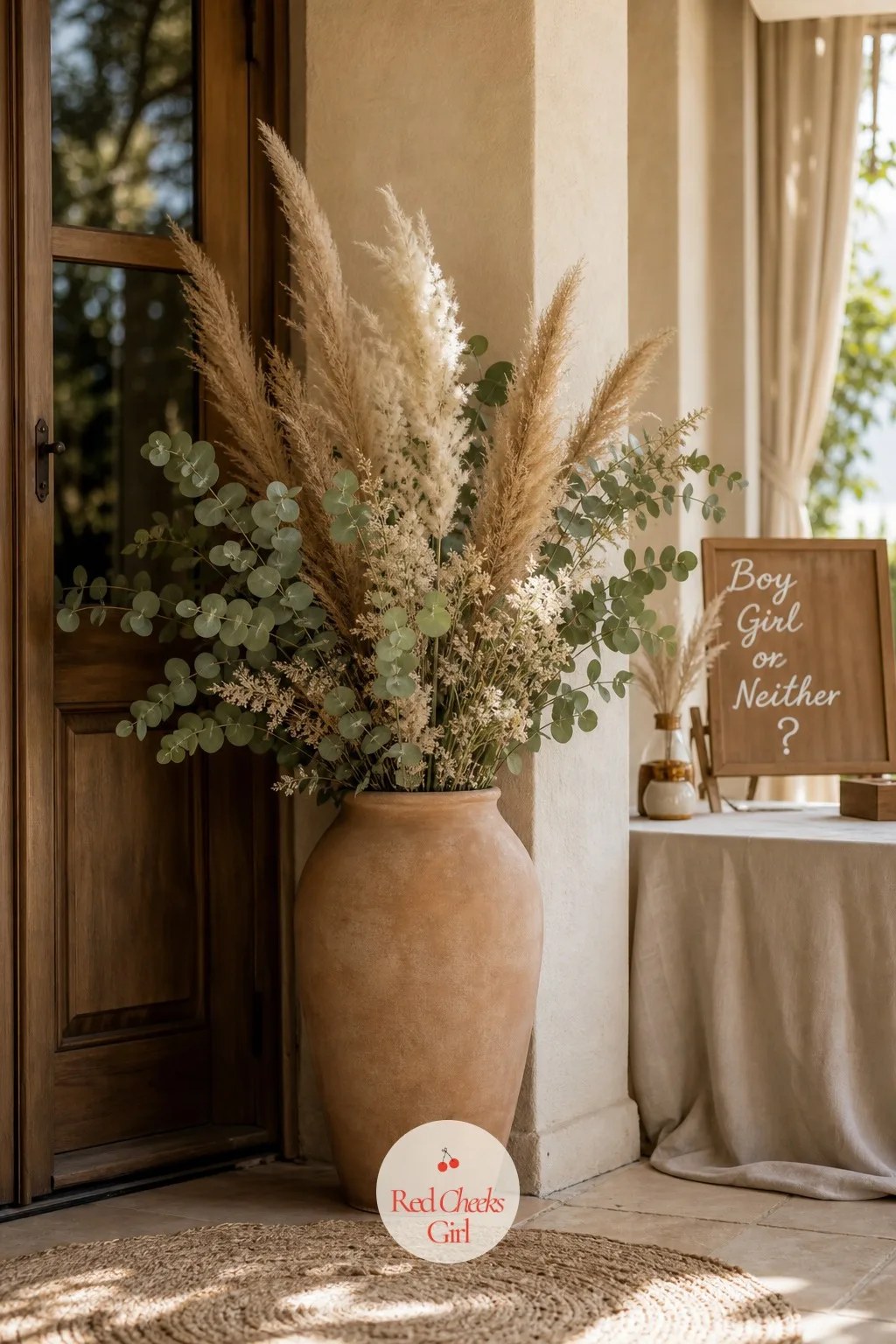 Floor-Standing Dried Flower Urn — Every party has an awkward corner nobody knows what to do with. Neutral gender reveal ideas