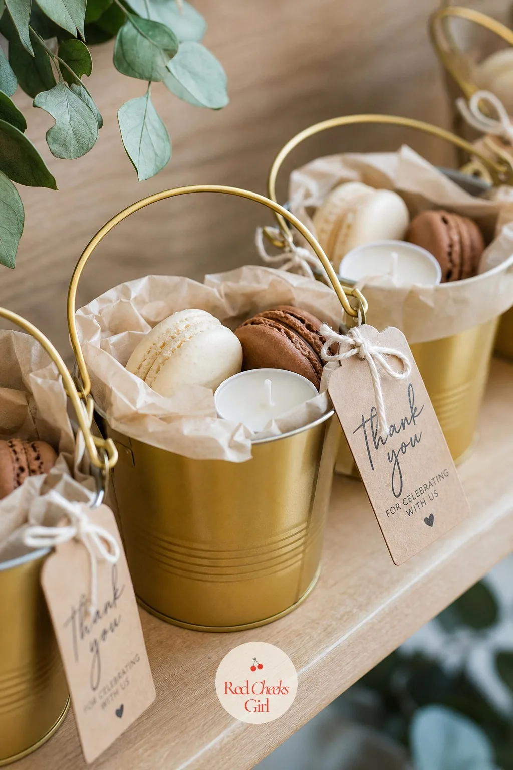 Gold Favor Bucket — A favor that looks good on a shelf before anyone opens it earns its keep twice. Neutral gender reveal ideas