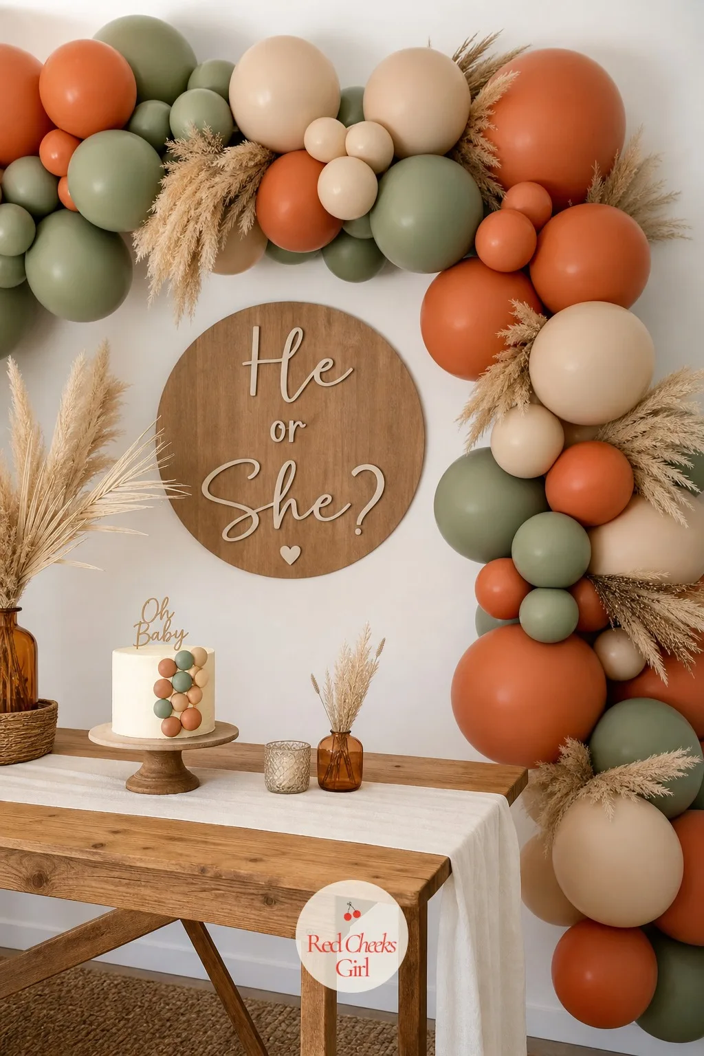 'He or She?' Balloon Garland Backdrop — A wall of pink and blue balloons has been done to death. Neutral gender reveal ideas
