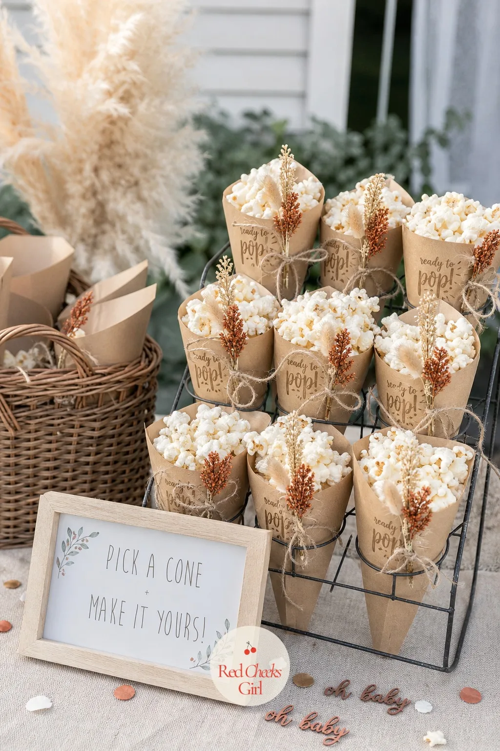 Kraft Popcorn Cones — Popcorn is the one snack nobody turns down, and scooped into a kraft cone with a sprig of dried flower tucked under the twine, it stops