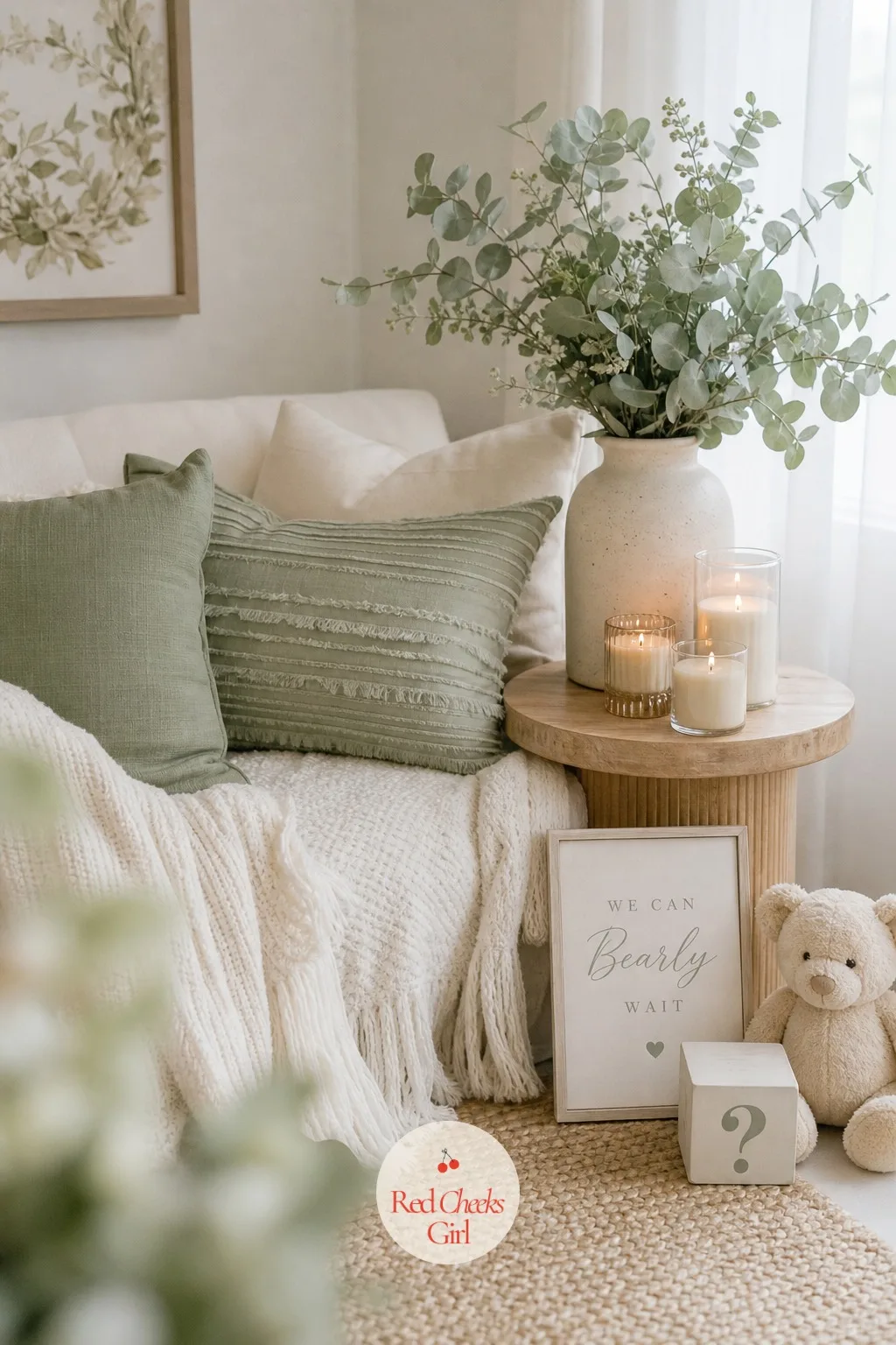 Sage and Ivory Lounge Corner — Not everyone wants to sit at a table all afternoon. Neutral gender reveal ideas