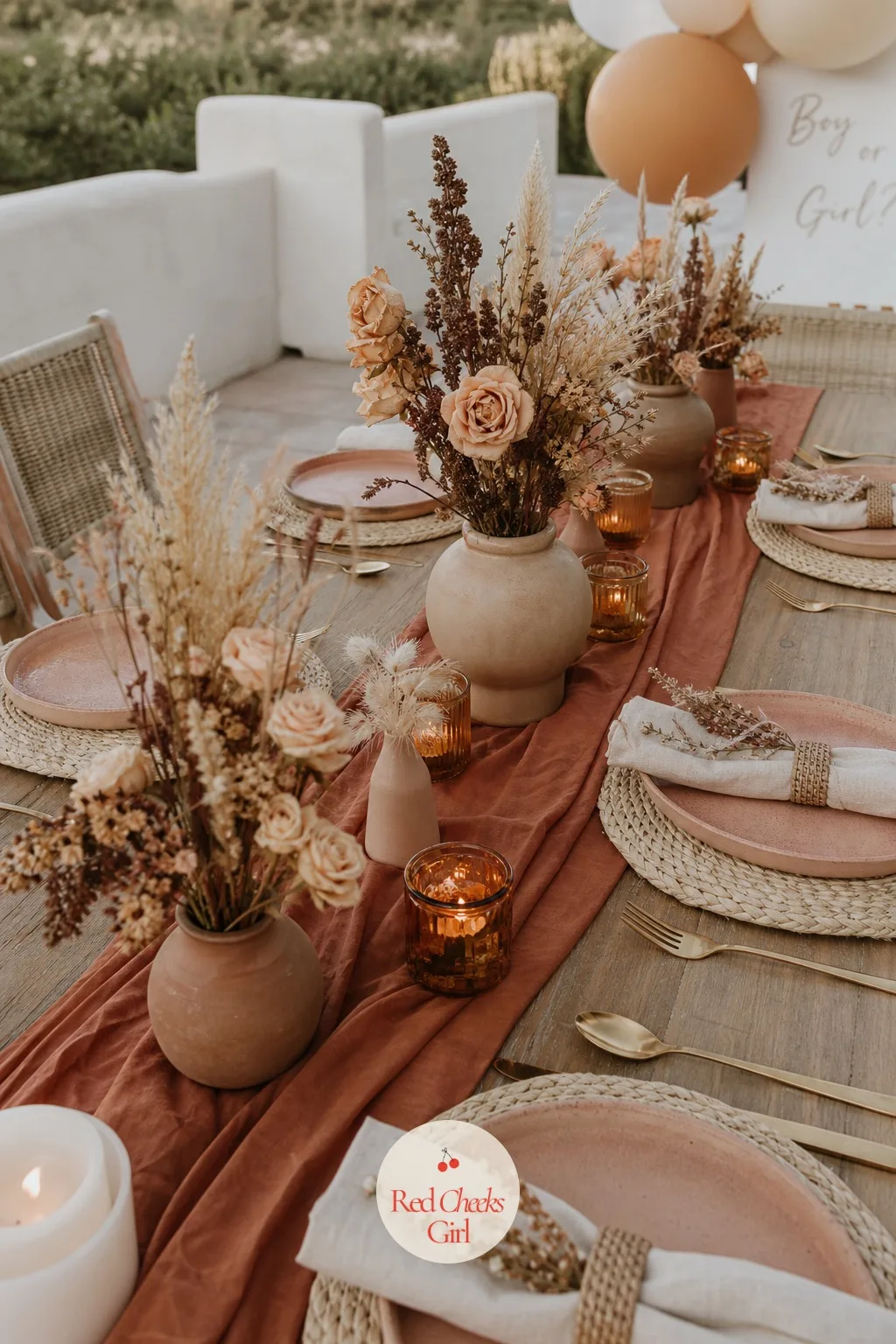 Terracotta and Blush Tablescape — Terracotta and blush sound like a wedding palette, not a baby one, and that is exactly the point. Neutral gender reveal ideas