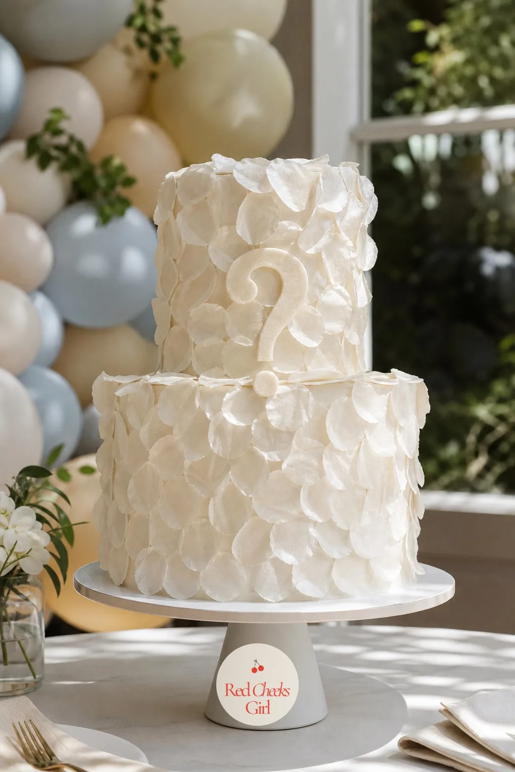 Wafer Paper Question Mark Cake — A plain frosted cake is fine. Neutral gender reveal ideas