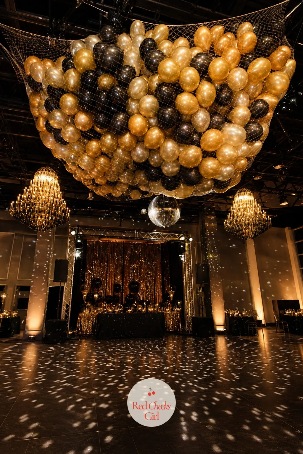 Balloon Drop at Midnight — The moment after the kiss needs somewhere to go, and a net of balloons released straight over the dance floor gives the whole room