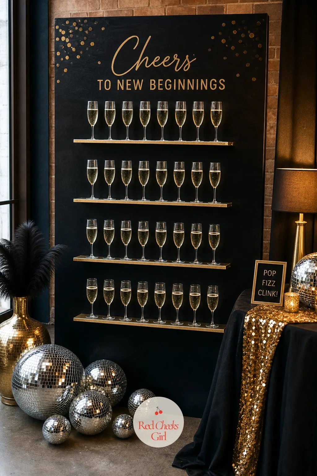 Champagne Pour Wall — A champagne tower needs floor space a tight venue might not have. New years eve wedding