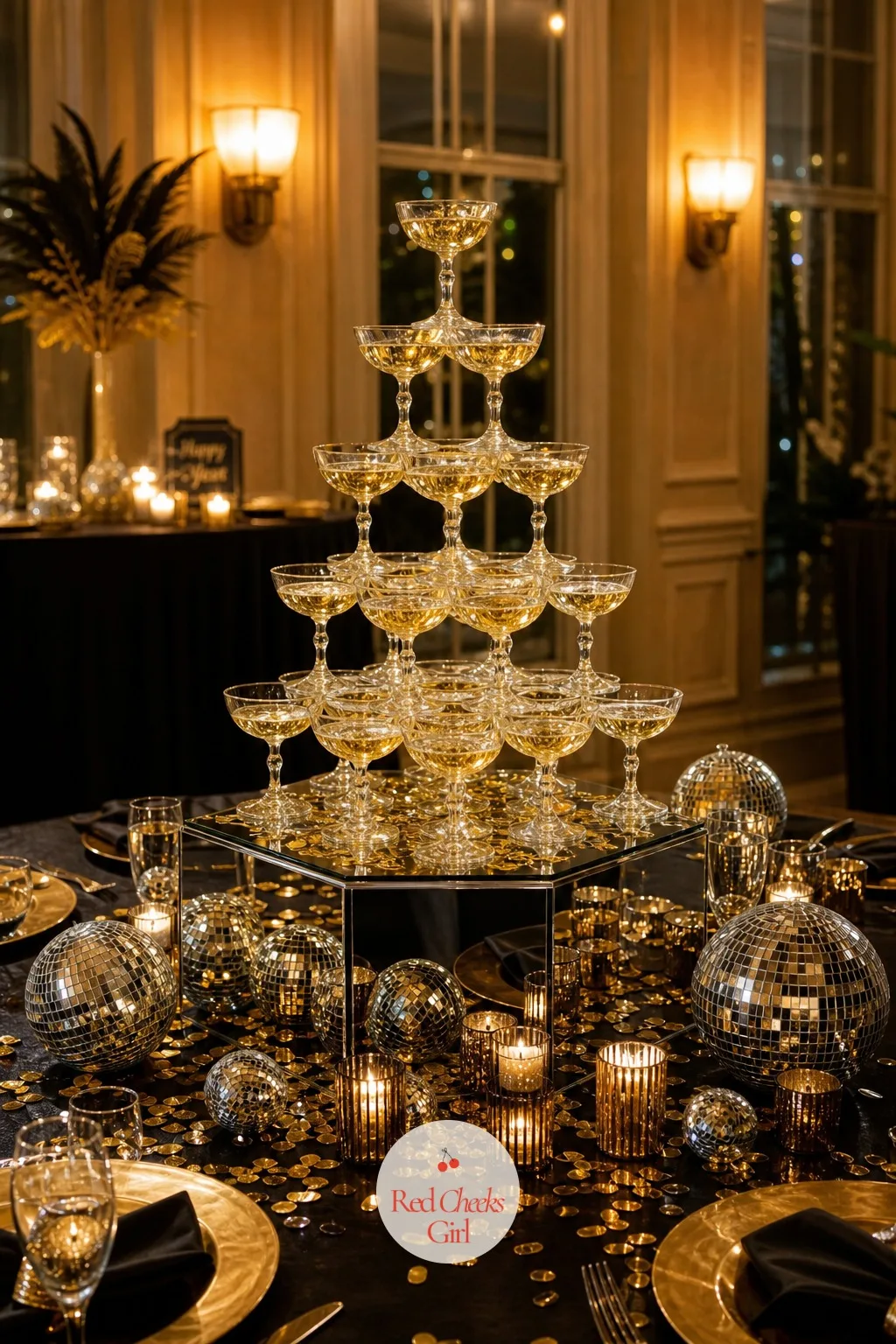 Champagne Tower Centerpiece — Nothing says the night is already a celebration quite like a champagne tower catching the light before dinner is even served. New