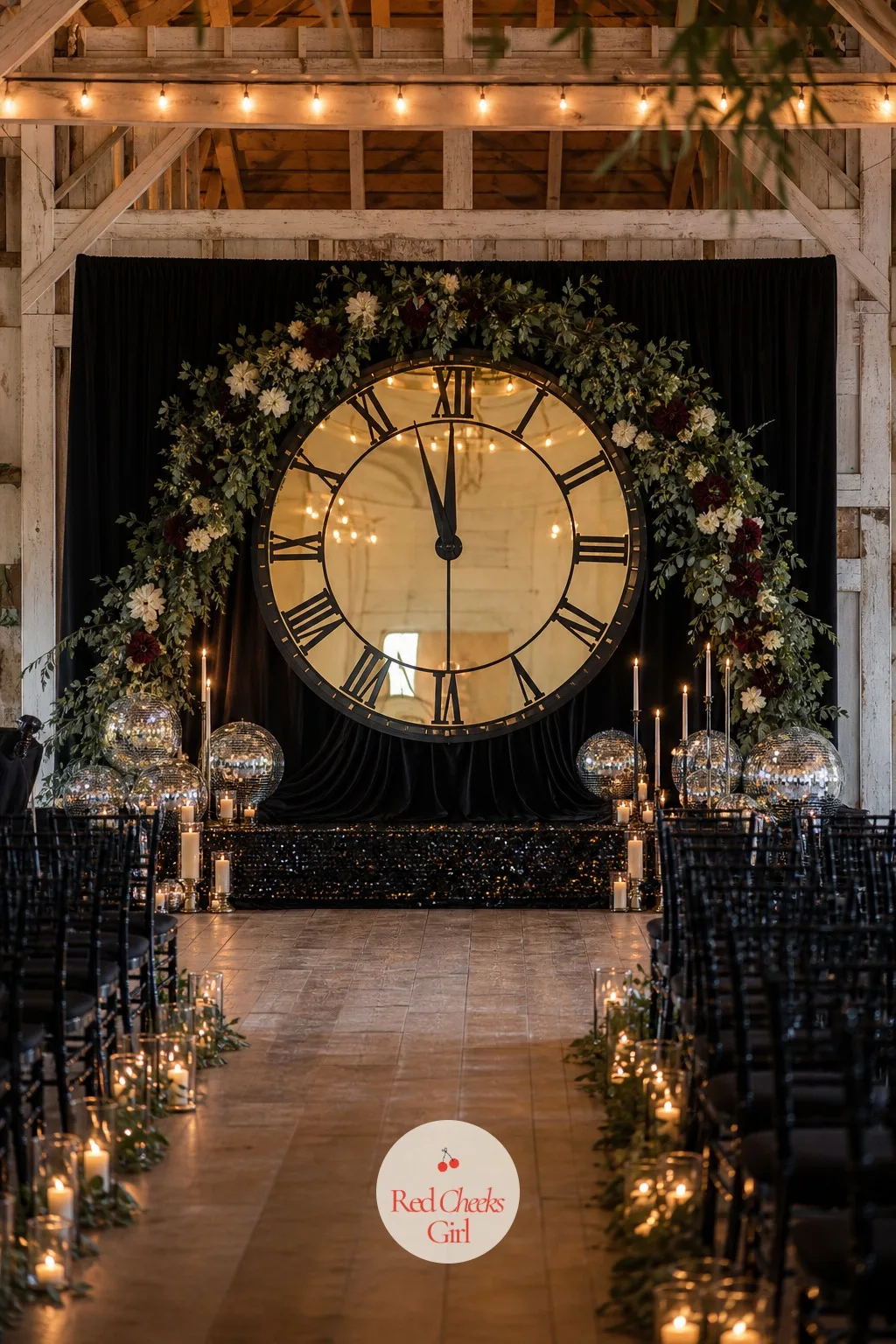 Clock-Face Ceremony Backdrop — A clock theme can read costume-y if it is not handled with a little restraint. New years eve wedding