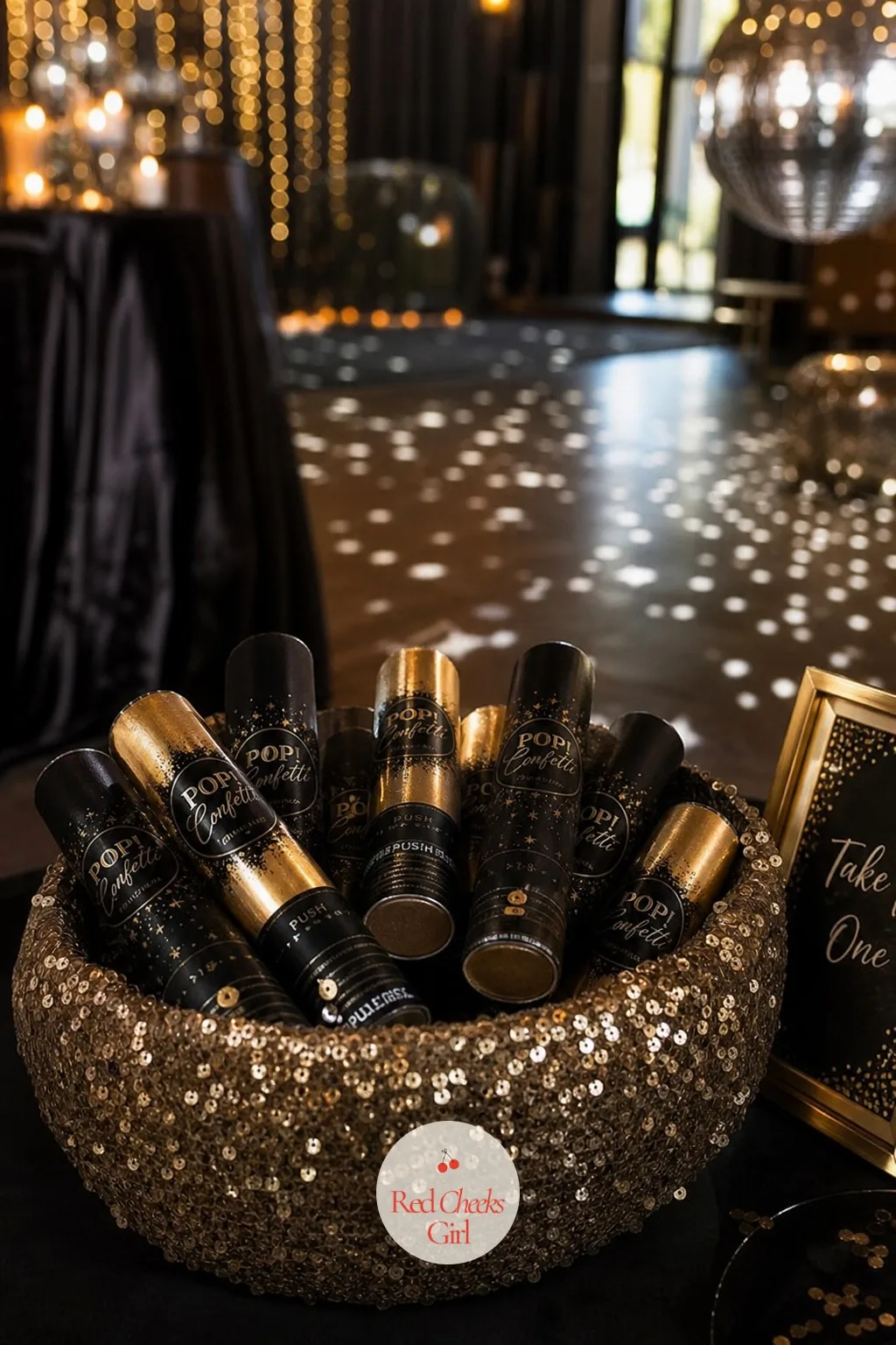 Confetti Poppers Favor — Rather than a favor to take home quietly, this one gets used in the room: push poppers filled with gold and black confetti, handed out