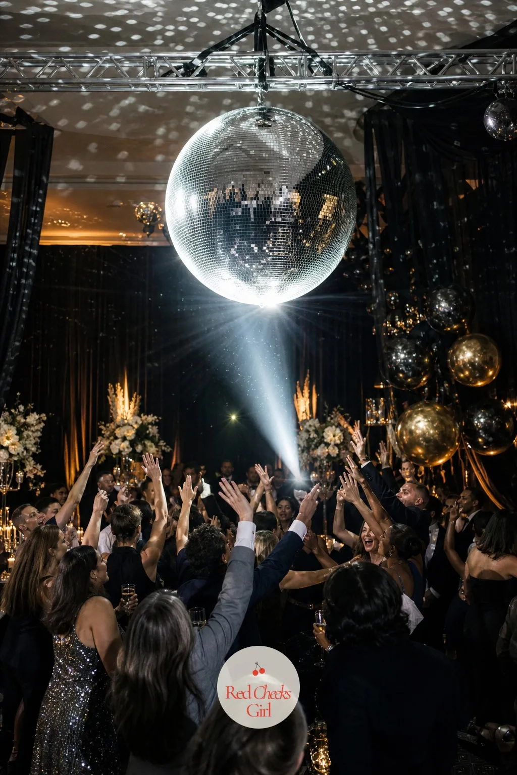 Disco Ball Dance Floor Installation — This is the one piece of decor the whole room watches at the same moment: a large mirrored ball, lowered slowly over the