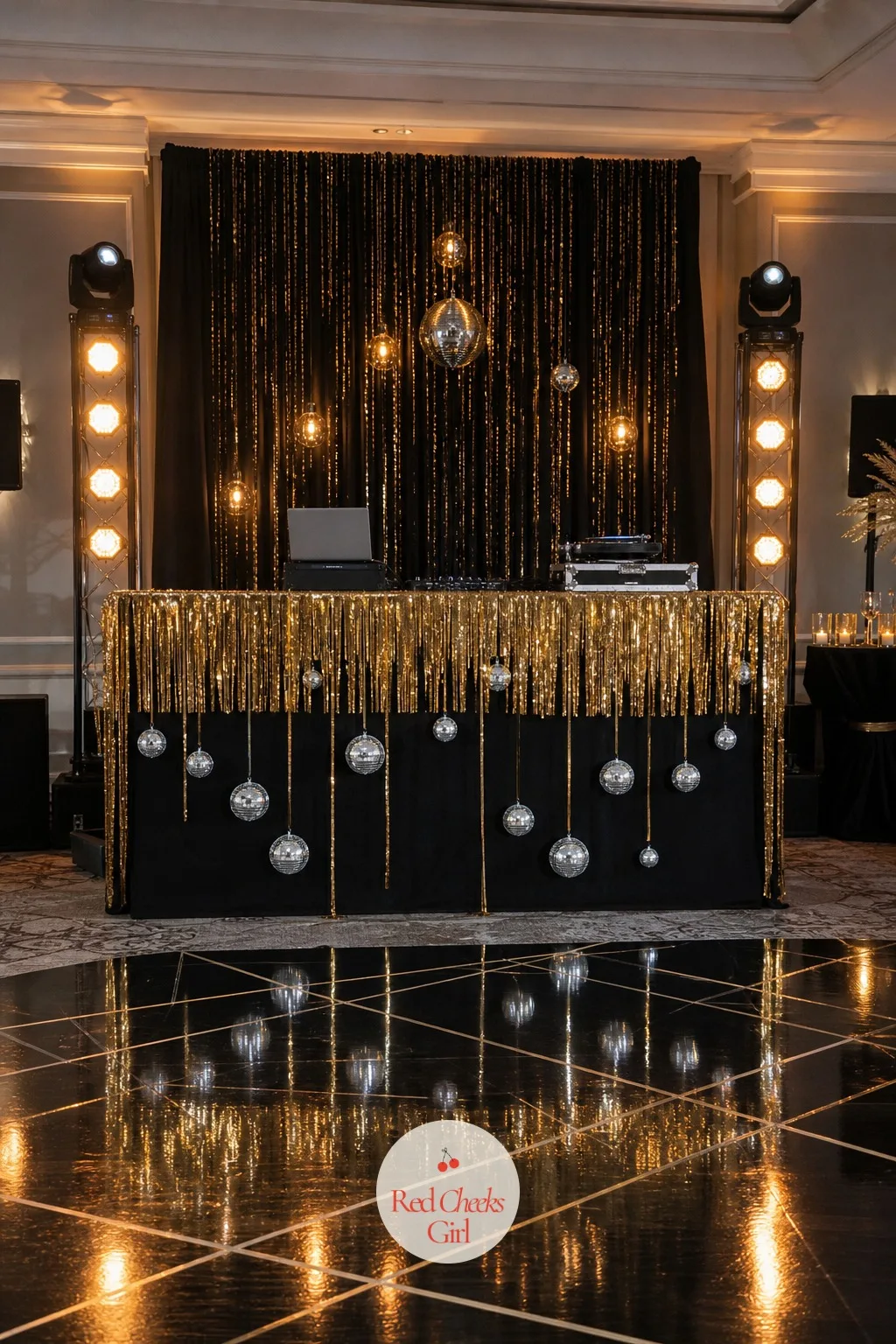 DJ Booth Styling — The booth running the whole night is easy to forget about until it sits there in plain black cloth against everything else in the room that