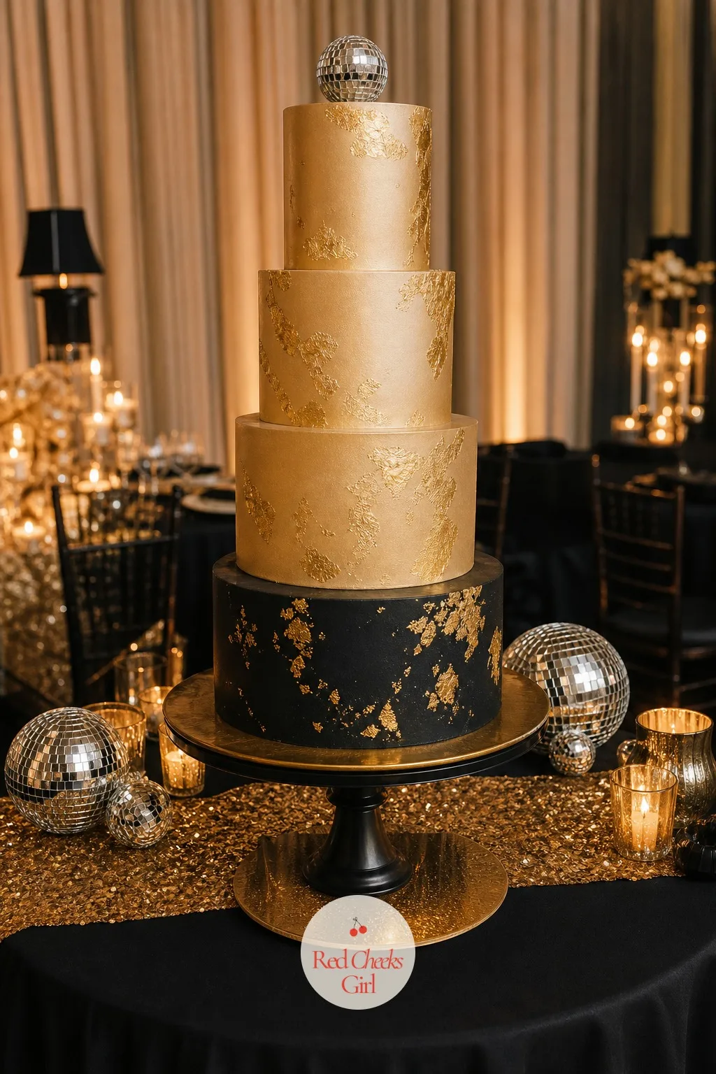 Gold Cake — The cake gets its own small table because it is doing double duty as decor and dessert, tiers alternating black and champagne buttercream with a