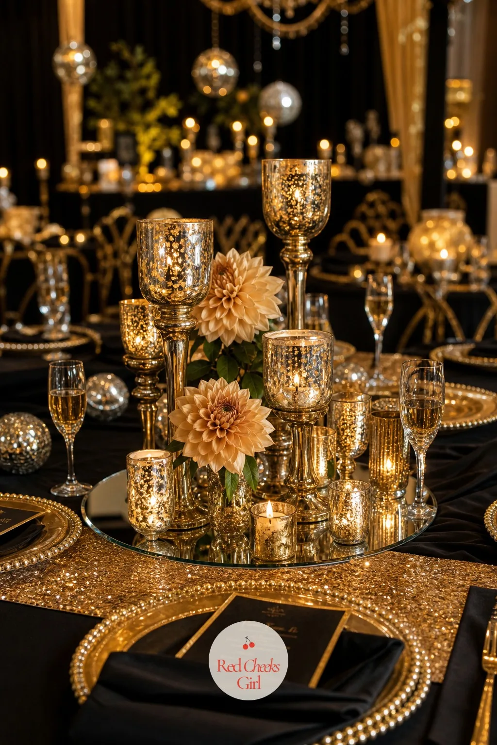 Gold Mirror Candle Centerpieces — Flowers are not required to make a centerpiece feel finished. New years eve wedding