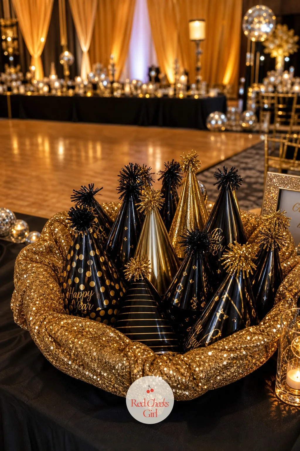 Party Hats Favor — A pile of cone hats stacked near the exit, in gold and black with a champagne tassel topper, lets guests pick one up without ceremony right