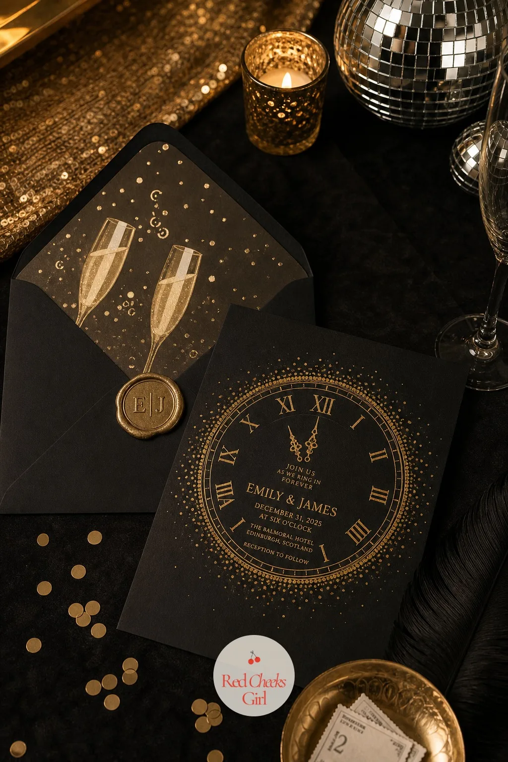 The Invitation — Before any of this exists, the invitation sets the whole night in motion: a black card edged in gold foil, a small clock graphic marking the