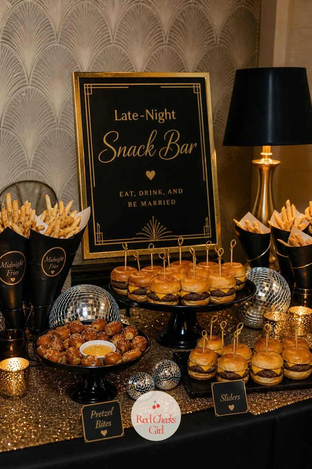Late-Night Snack Bar — By one in the morning nobody wants more sugar, they want salt, and a station of comfort food dressed in the same gold and black keeps