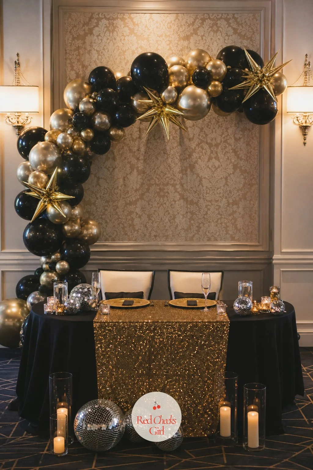Metallic Balloon Garland over Sweetheart Table — A swag of balloons sounds like a child's party until the colors are handled with restraint: black, gold and