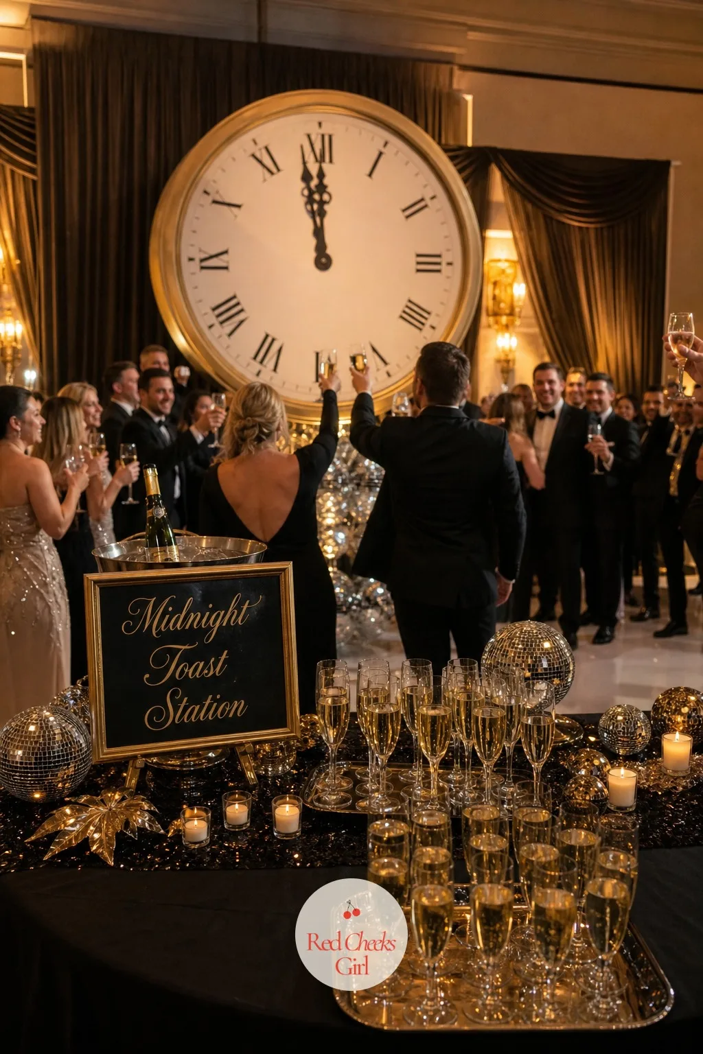 Midnight Toast Station with Countdown Clock — Every New Years Eve wedding needs one moment the whole room can see at once, and a large working clock near the