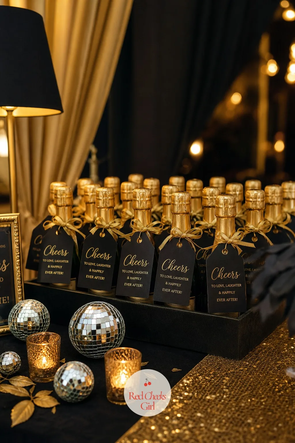 Mini Champagne Bottle Favor — At the edge of the late-night bar or the favor table, miniature champagne bottles wait for guests on their way out, a small and