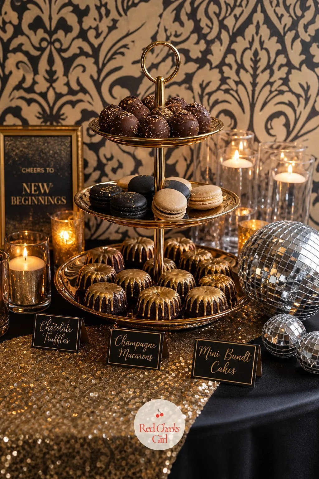 Mini Dessert Table — Not every guest wants a slice of cake, and a small table beside it brings the same palette down to bite size: gold dusted chocolate