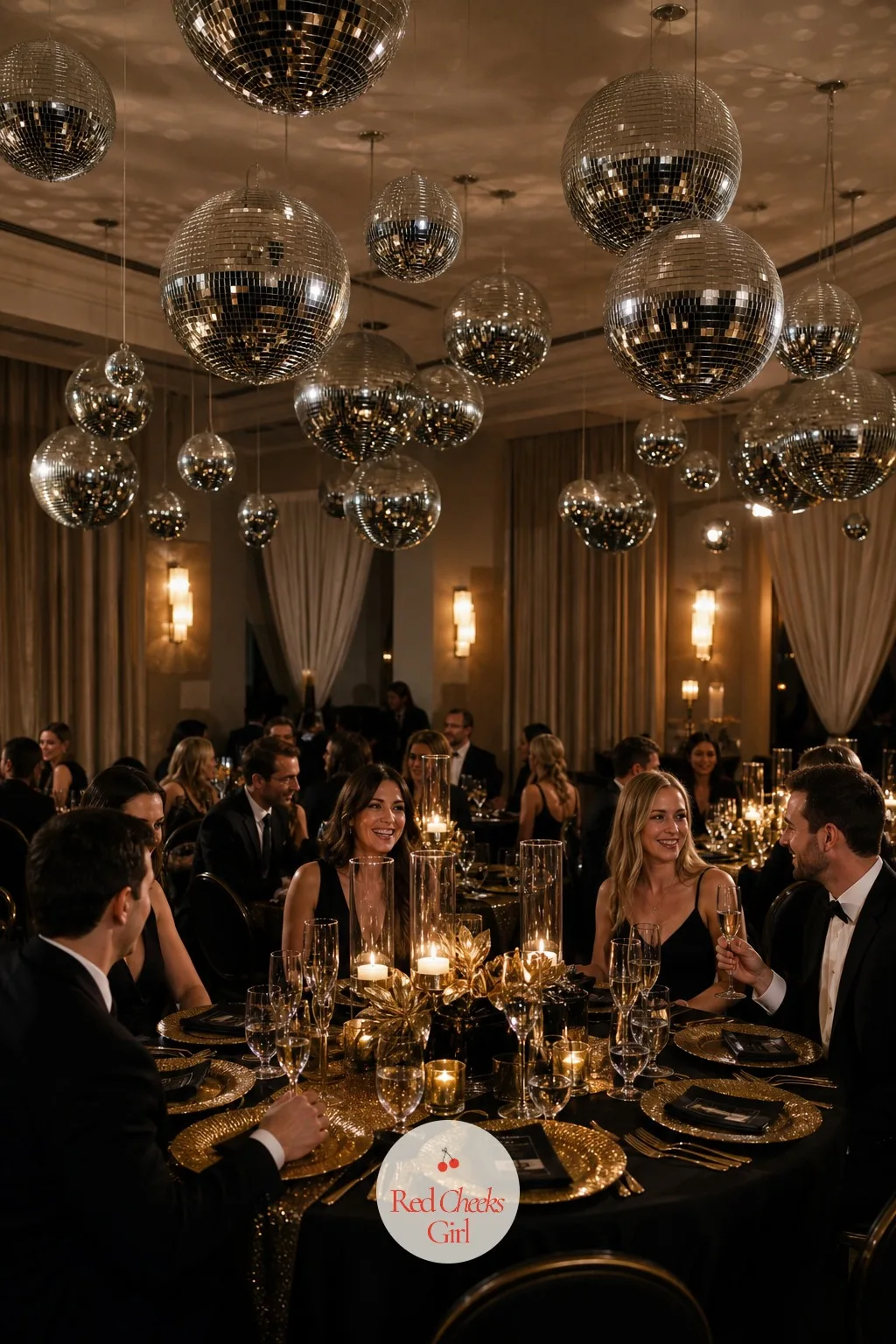 Mirror Ball Ceiling Installation — Guests walk in from a cold ceremony and this is the first thing they look up at: a cluster of mirror balls, from 4 inches to