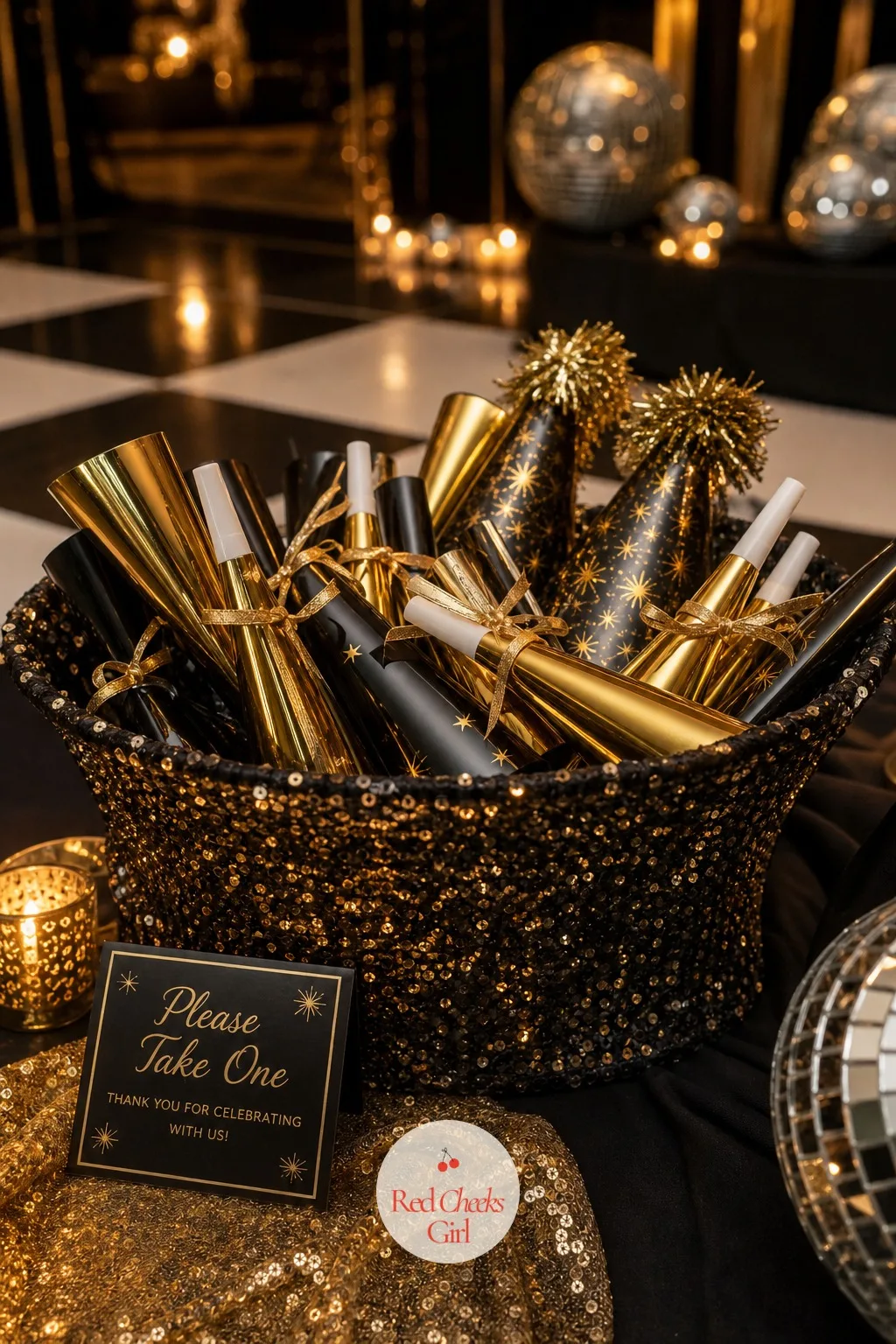 Noisemakers Favor — Set beside the hats rather than on their own, metallic horn noisemakers in gold and black wait quietly until the countdown gives guests a