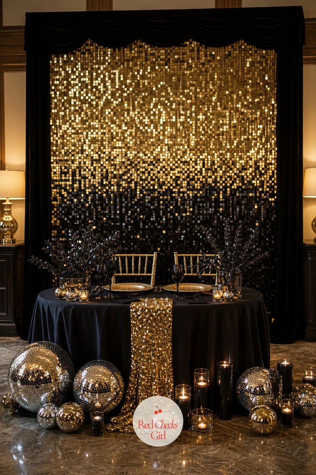 Sequin Reception Backdrop — Behind the sweetheart table or the guest book, a bare wall does nothing for photographs. New years eve wedding