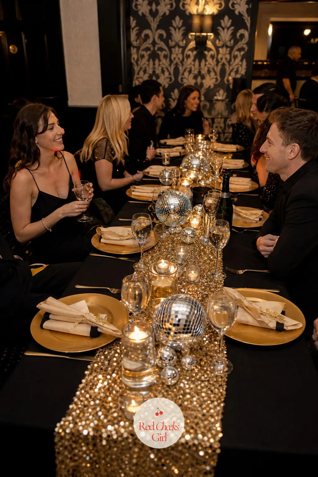 Sequin Table Runners with Gold Chargers — A plain white cloth looks like it belongs at any wedding. New years eve wedding
