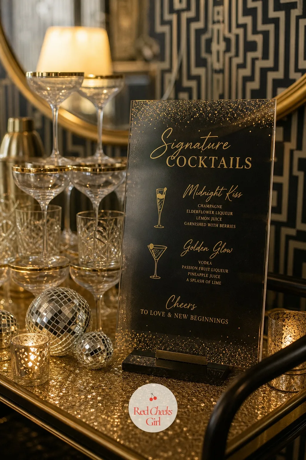 Signature Cocktail Bar Sign — Two signature drinks, named and signed in gold on black, turn the bar into one more styled corner of the room rather than a