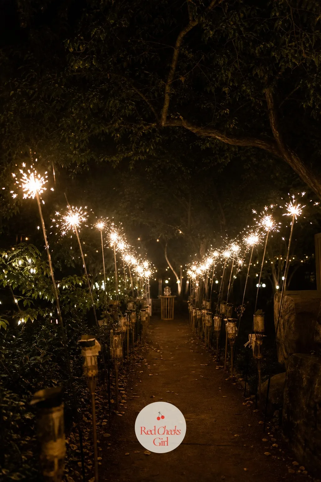 Sparkler Send-Off — The last scene of the night happens outside, under the actual sky rather than the mirror ball, as a tunnel of sparklers lights the couple's