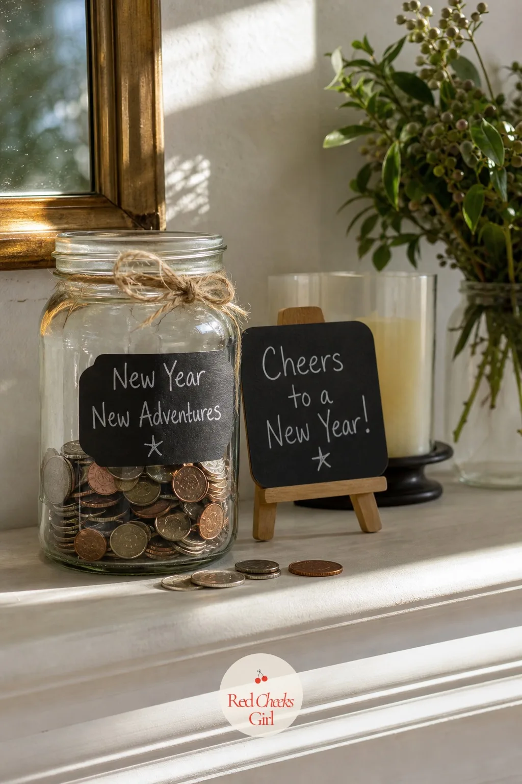 Coin Jar Started on the Mantel — A fresh coin jar on January 1 is less about the money and more about having something to watch grow all year, one small