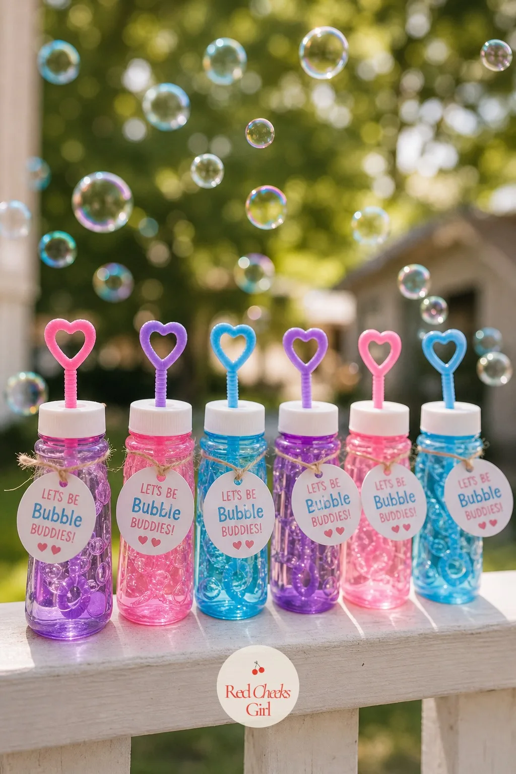 Bubble Wands: Let's Be Bubble Buddies — Mini bubble bottles with a heart shaped wand built into the cap need nothing extra, the heart does the pun's work