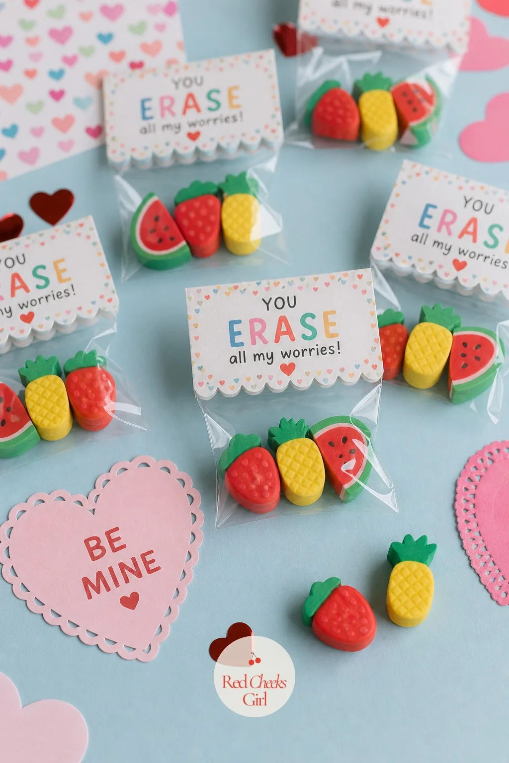 Mini Eraser Set: You Erase All My Worries — Tiny fruit and animal shaped erasers bagged two or three to a pack scatter across a desk like a handful of candy