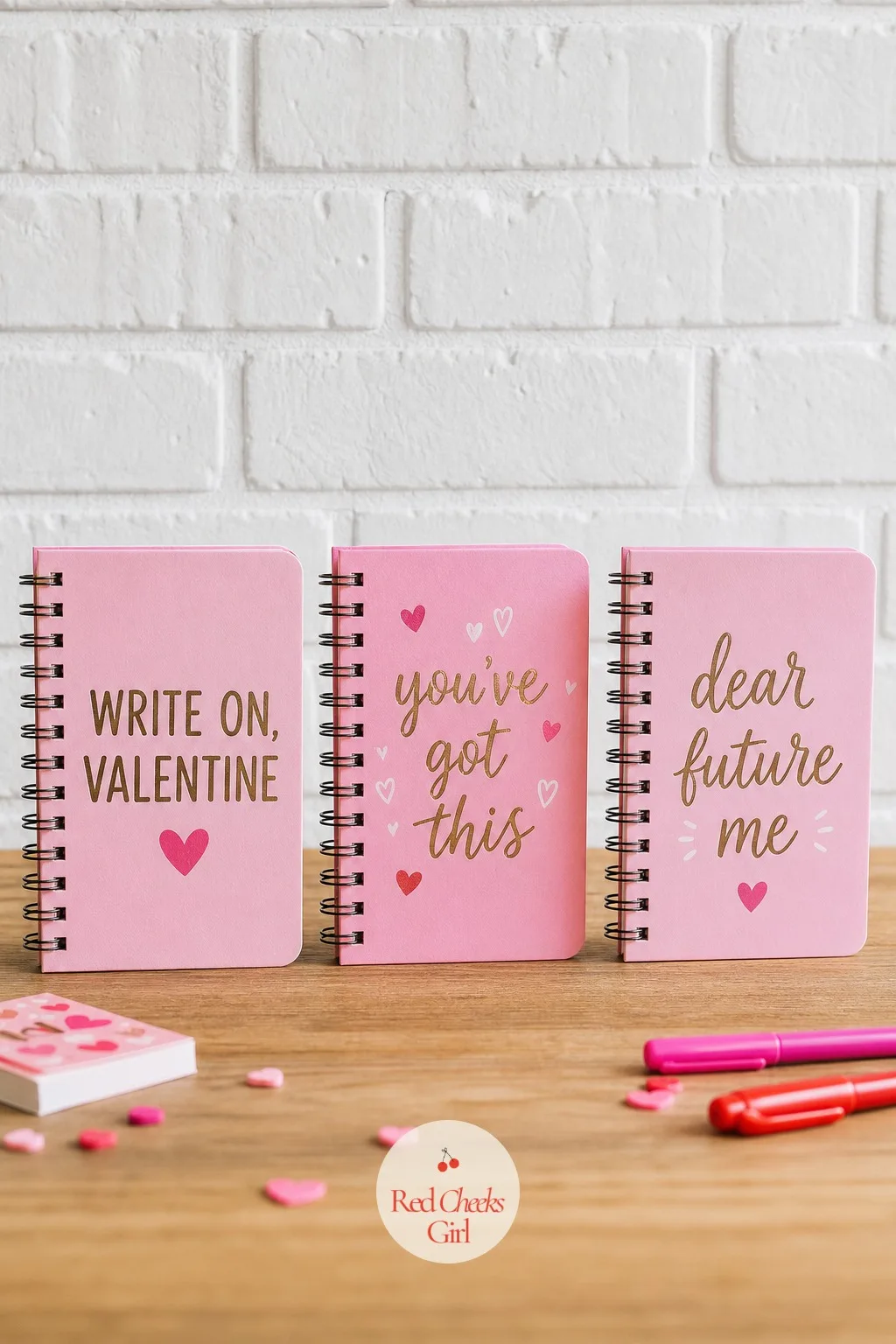 Mini Notebook: Write On, Valentine — A row of tiny spiral bound notebooks, pink and white covers lined up like a shelf of real books, gives a kid somewhere to
