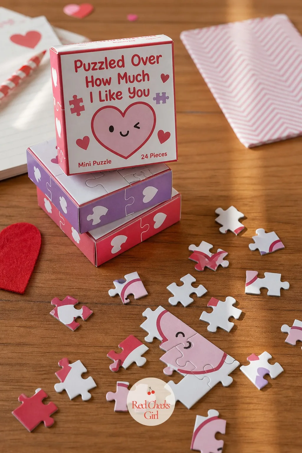 Mini Puzzle: Puzzled Over How Much I Like You — A small jigsaw puzzle box stacked next to a scatter of loose pieces gives a kid something to actually sit down