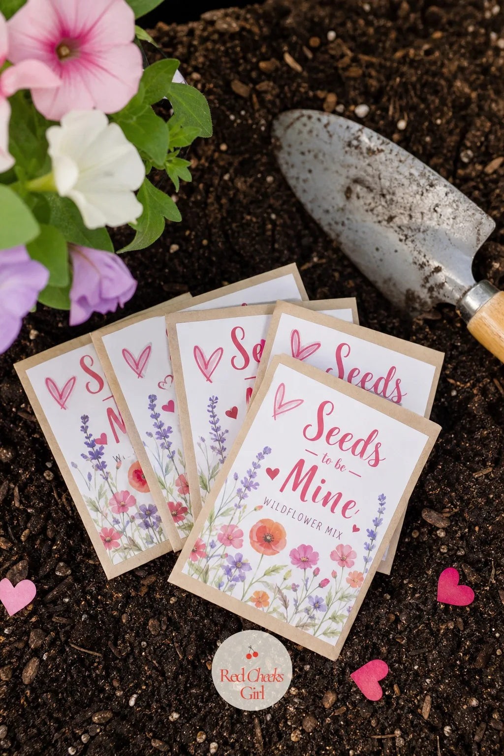 Seed Packets: Seeds to Be Mine — Small paper seed packets, printed with a simple flower illustration and fanned out beside a tiny trowel, promise something a