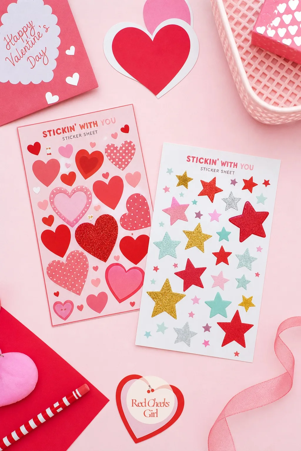 Sticker Sheets: Stickin' With You, Valentine — A sticker sheet covered in hearts and stars, spread flat on a desk, costs almost nothing and takes seconds to