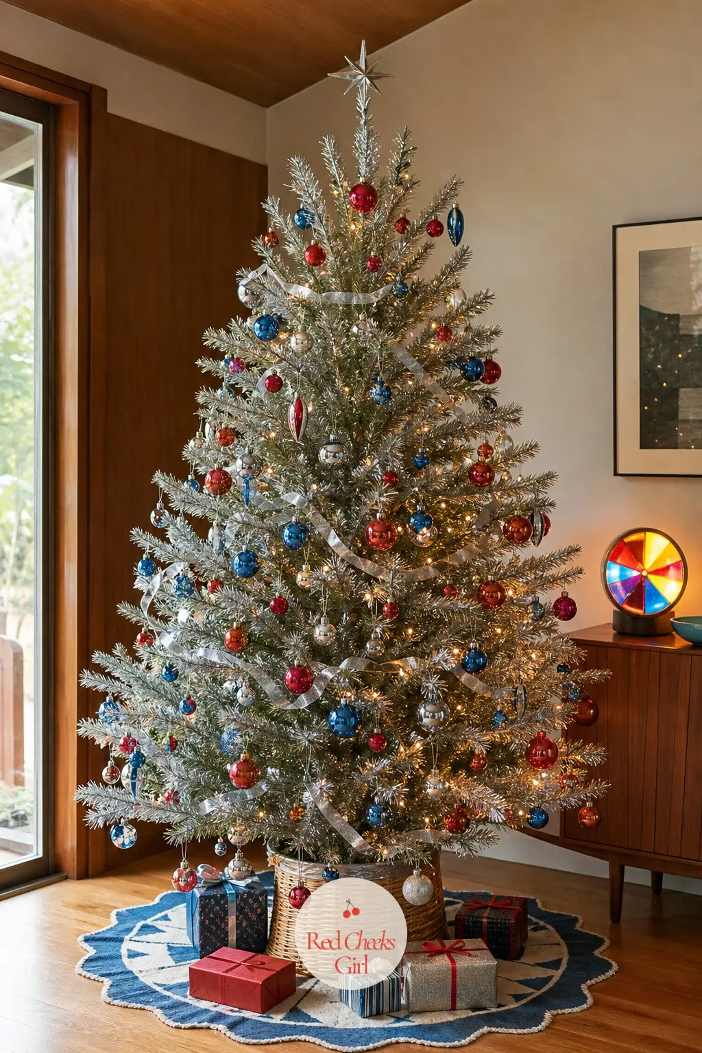 The Aluminum Tree Spinning Silver in the Teak Room — A vintage-style aluminum tree, floor to ceiling, sparse and airy by design since the foil branches were