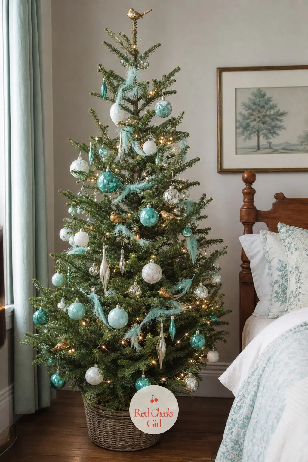 The Aqua Feather Tree Beside the Bed — A slimmer, slightly taller feather tree in aqua and white with gold, floor-standing rather than tabletop, meant for a