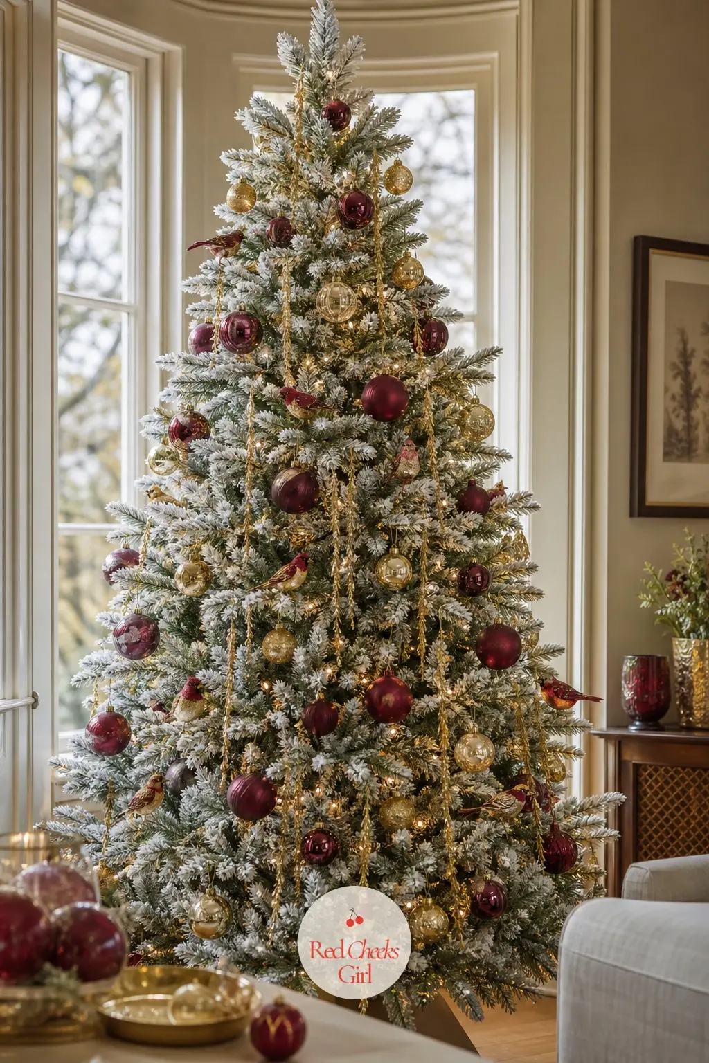 The Flocked Fir Trimmed in Burgundy and Gold — A real fir lightly snow-flocked and trimmed in burgundy and gold, a warmer take on the usual icy flocked